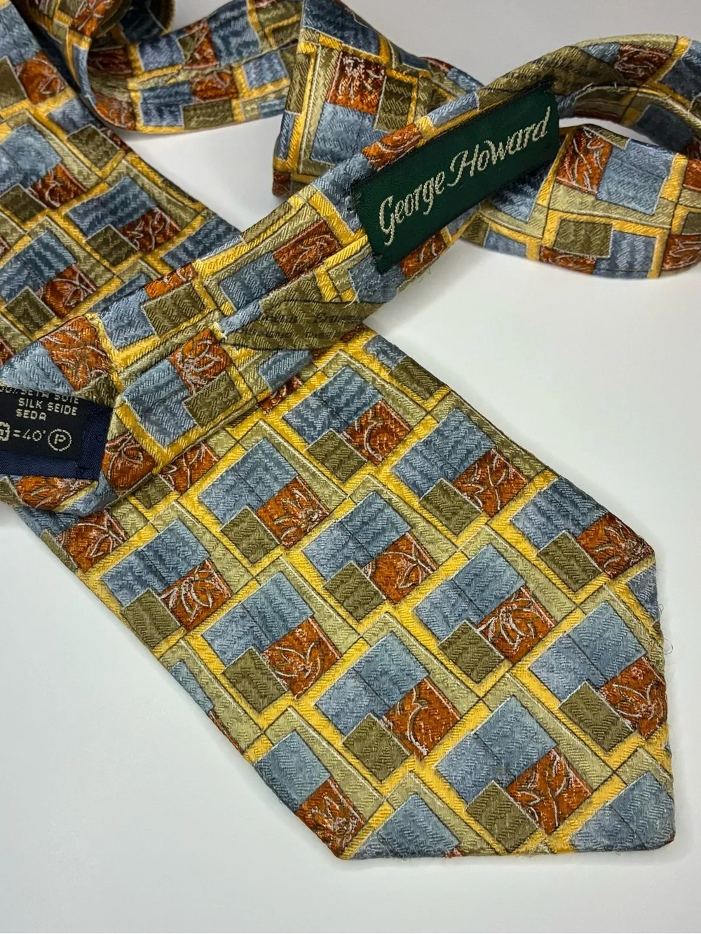 ERMENEGILDO ZEGNA 100% SILK TIE-Made in ITALY- Geometric Block Print design  59”